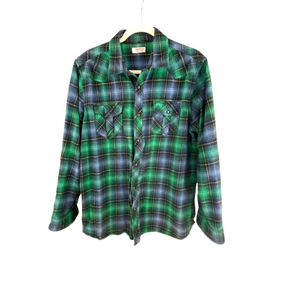Route66 Mens Green & Blue Plaid Long Sleeve Cabin CoreButton-Up Shirt Casual Wes - Picture 1 of 11